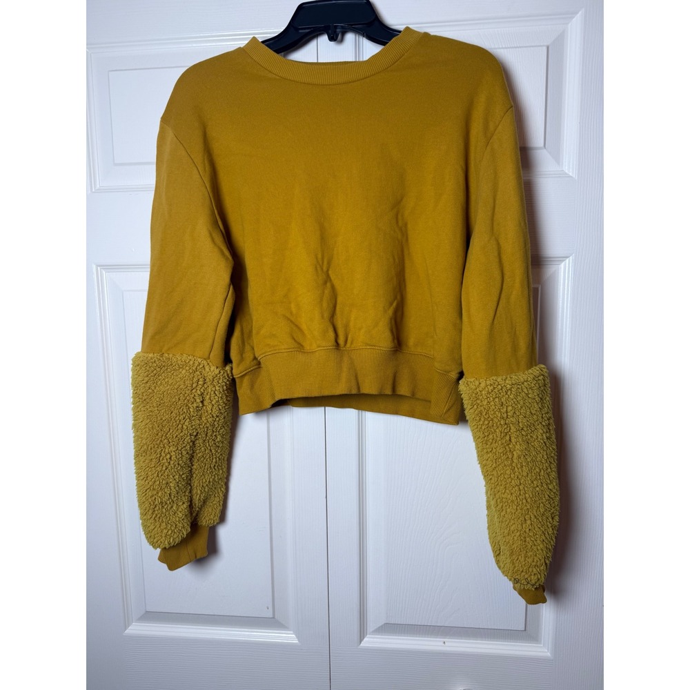 Nylora Womens Mustard Yellow Sherpa Sleeve Cropped Sweatshirt Pullover‎ Size M